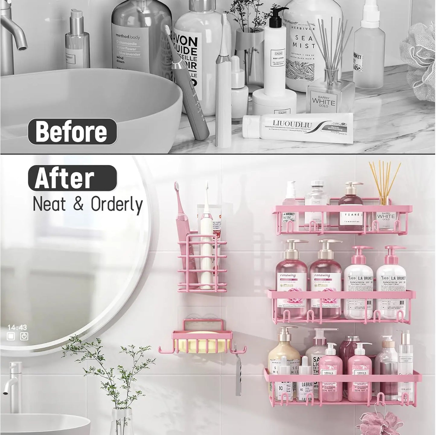 5-Pack Pink Shower Caddy Organizer, Rustproof Stainless Steel Adhesive Wall Storage for Bathroom