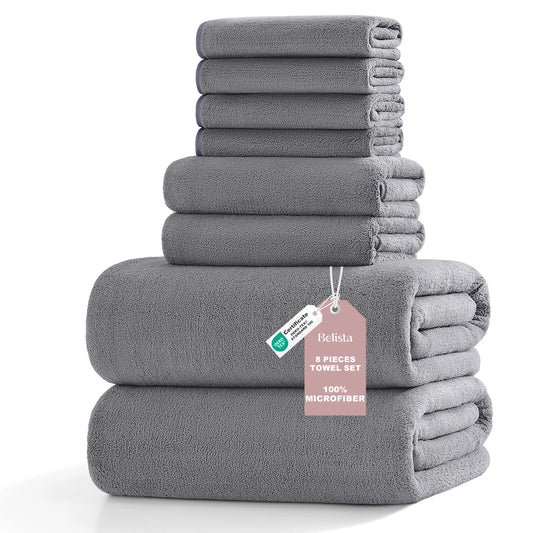 Belista 8Pcs Oversized Bath Towel Set 35"×70"  2 Bath Sheets + 2 Hand Towels + 4 Washcloths Soft, Highly Absorbent & Quick-Dry