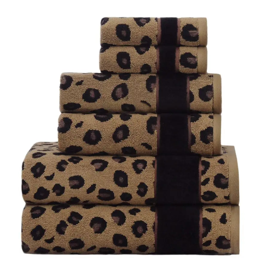 6 Piece Towel Set Animal Print Leopard Cheetah Africa Safari 100 Cotton Jacquard 2 Bath Towel, 2 Hand Towel, 2 Washcloth Soft Ab