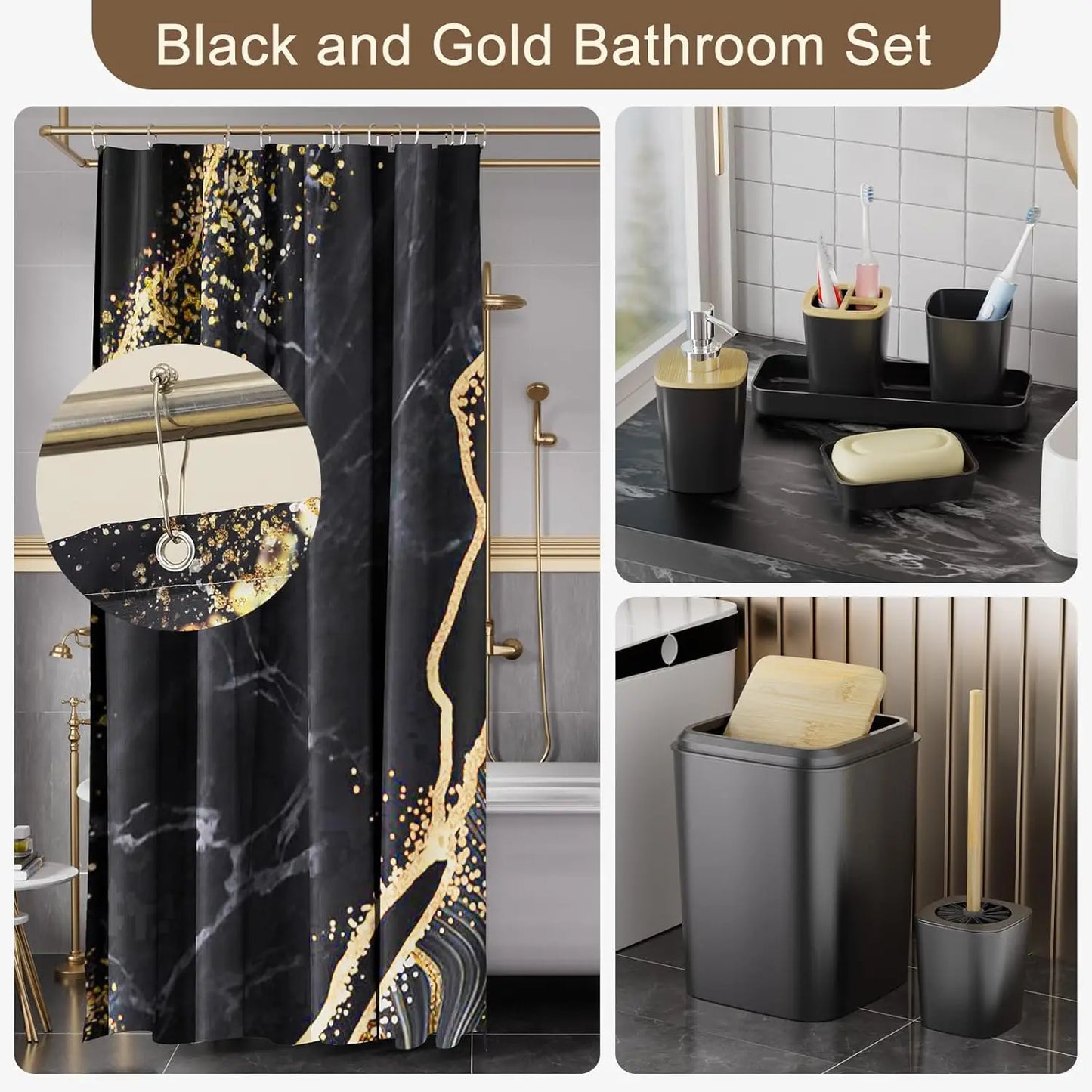 Black and Gold Waterproof Shower Curtain Set with Non-Slip Bathroom Rugs and Accessories for Modern Decor