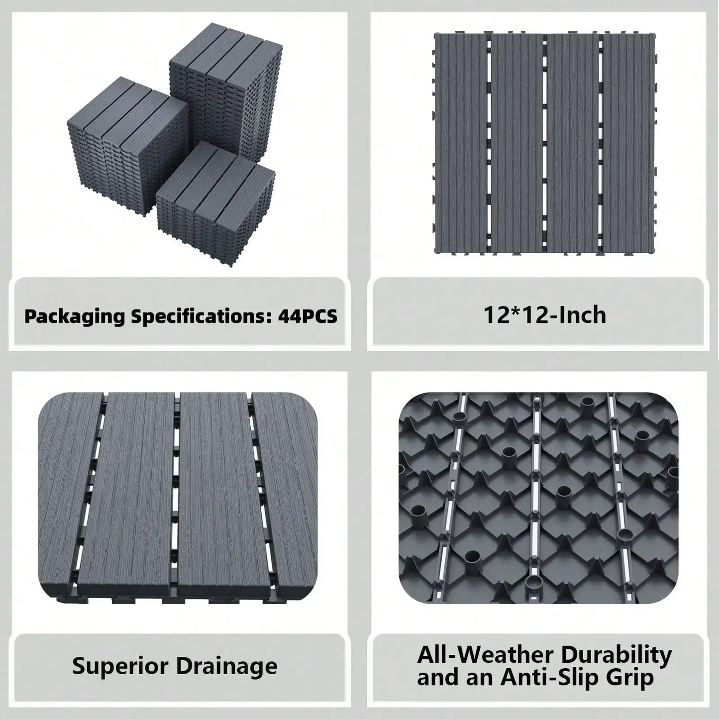 Plastic Interlocking Deck Tiles,44 Pcs 12"X12"Waterproof Outdoor Floor All Weather Use,Patio Floor Decking Tiles For Balcony Dec