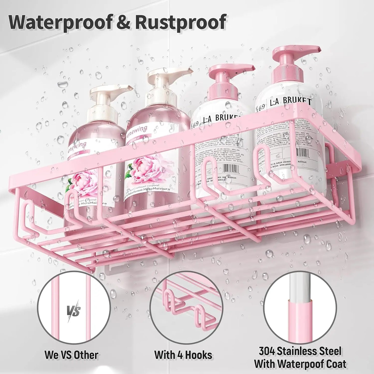 5-Pack Pink Shower Caddy Organizer, Rustproof Stainless Steel Adhesive Wall Storage for Bathroom