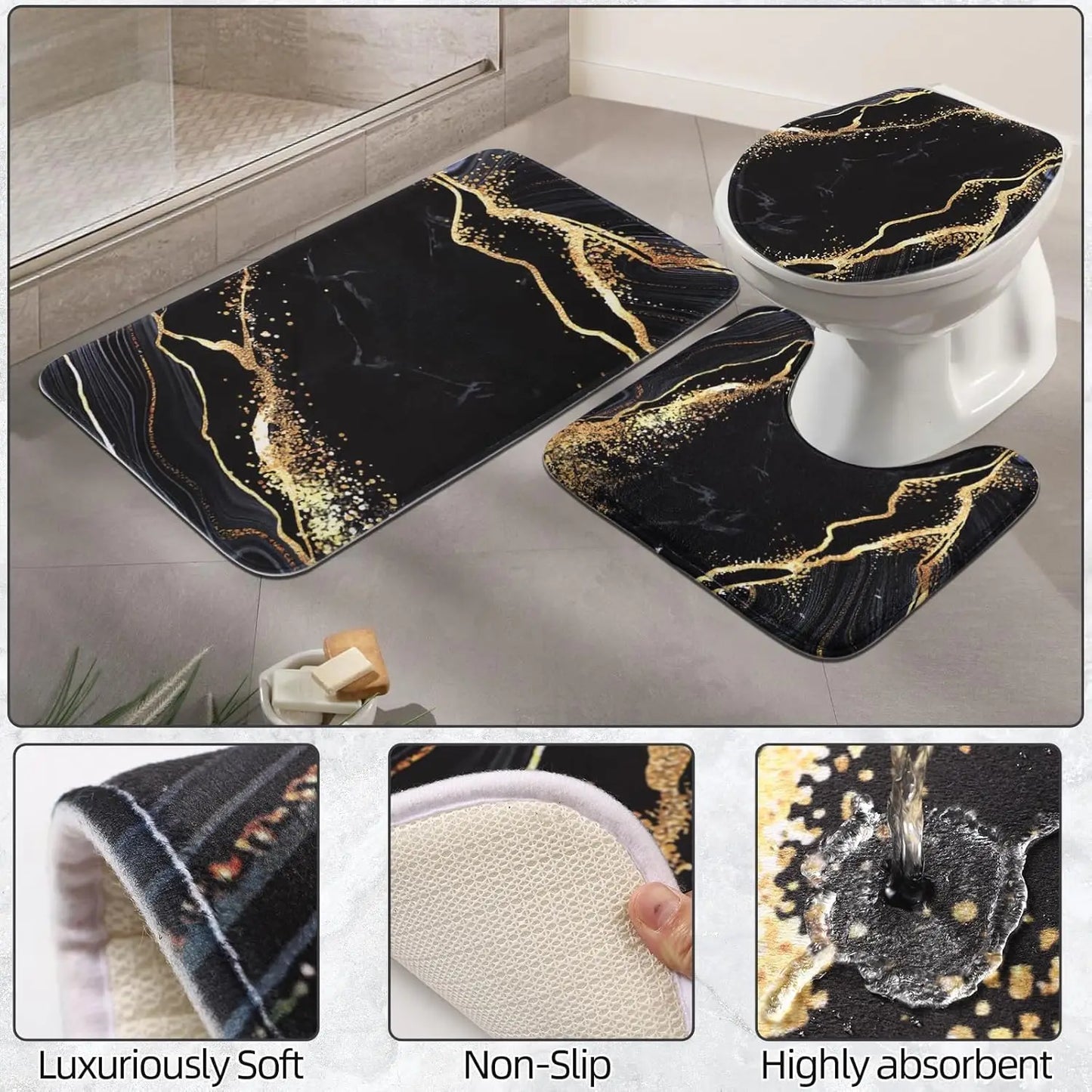 Black and Gold Waterproof Shower Curtain Set with Non-Slip Bathroom Rugs and Accessories for Modern Decor