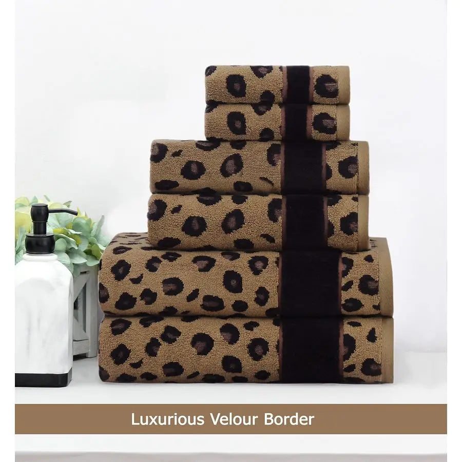 6 Piece Towel Set Animal Print Leopard Cheetah Africa Safari 100 Cotton Jacquard 2 Bath Towel, 2 Hand Towel, 2 Washcloth Soft Ab