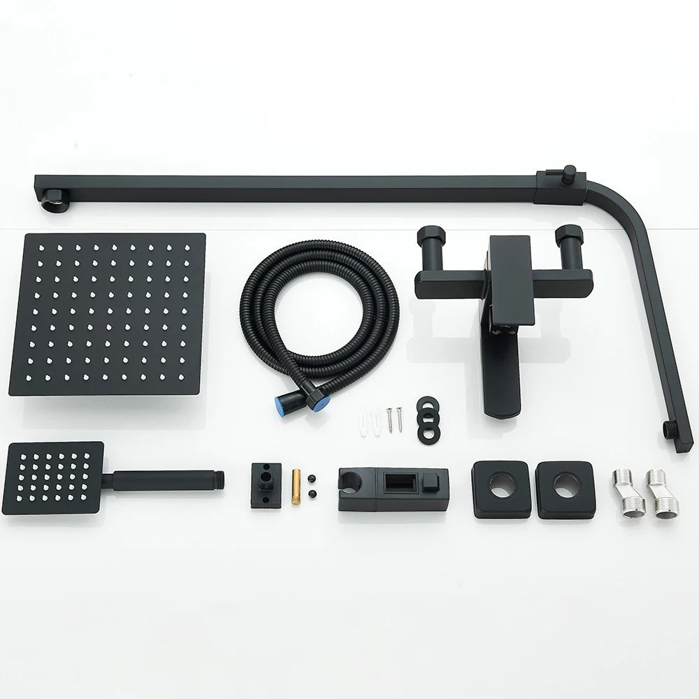 Black Luxury Bathroom Shower Faucet Wall Mounted Swivel Spout Shower Set Square Rainfall Water Tap Mixer System Hot cold Taps