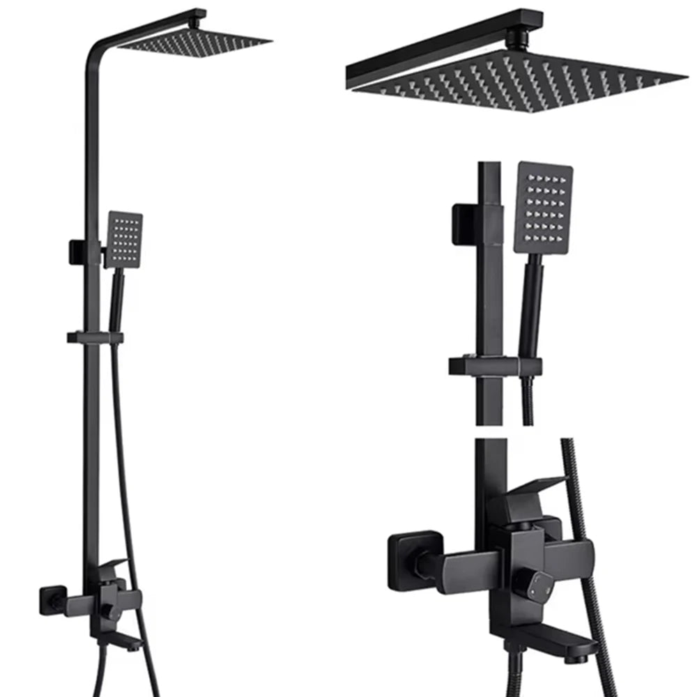 Black Luxury Bathroom Shower Faucet Wall Mounted Swivel Spout Shower Set Square Rainfall Water Tap Mixer System Hot cold Taps
