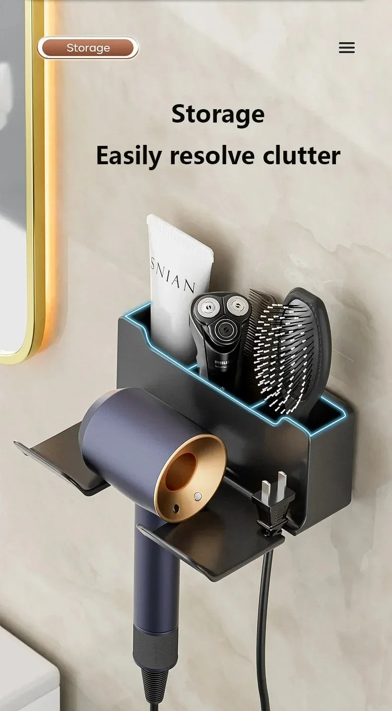 Wall-Mount Hair Dryer Holder with Suction Cup, Rustproof Bathroom Organizer for Hairdryers & Straighteners