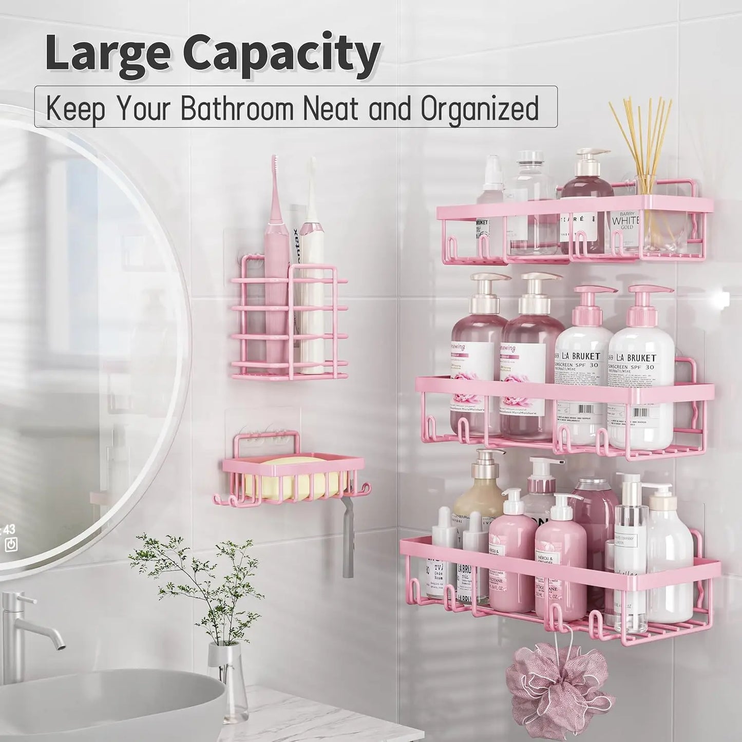 5-Pack Pink Shower Caddy Organizer, Rustproof Stainless Steel Adhesive Wall Storage for Bathroom