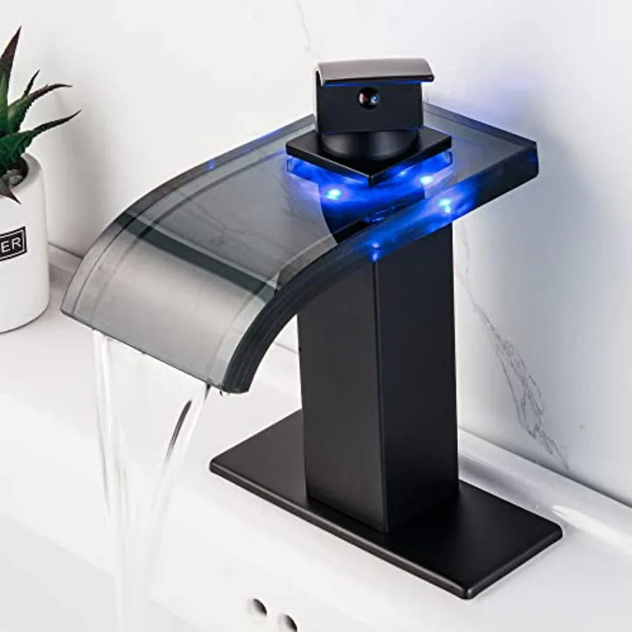 LED Bathroom Faucet for Sink Black Stainless Steel Waterfall Faucet with Built-in Light 1-Hole 4-Inch Centerset Bathroom Faucet