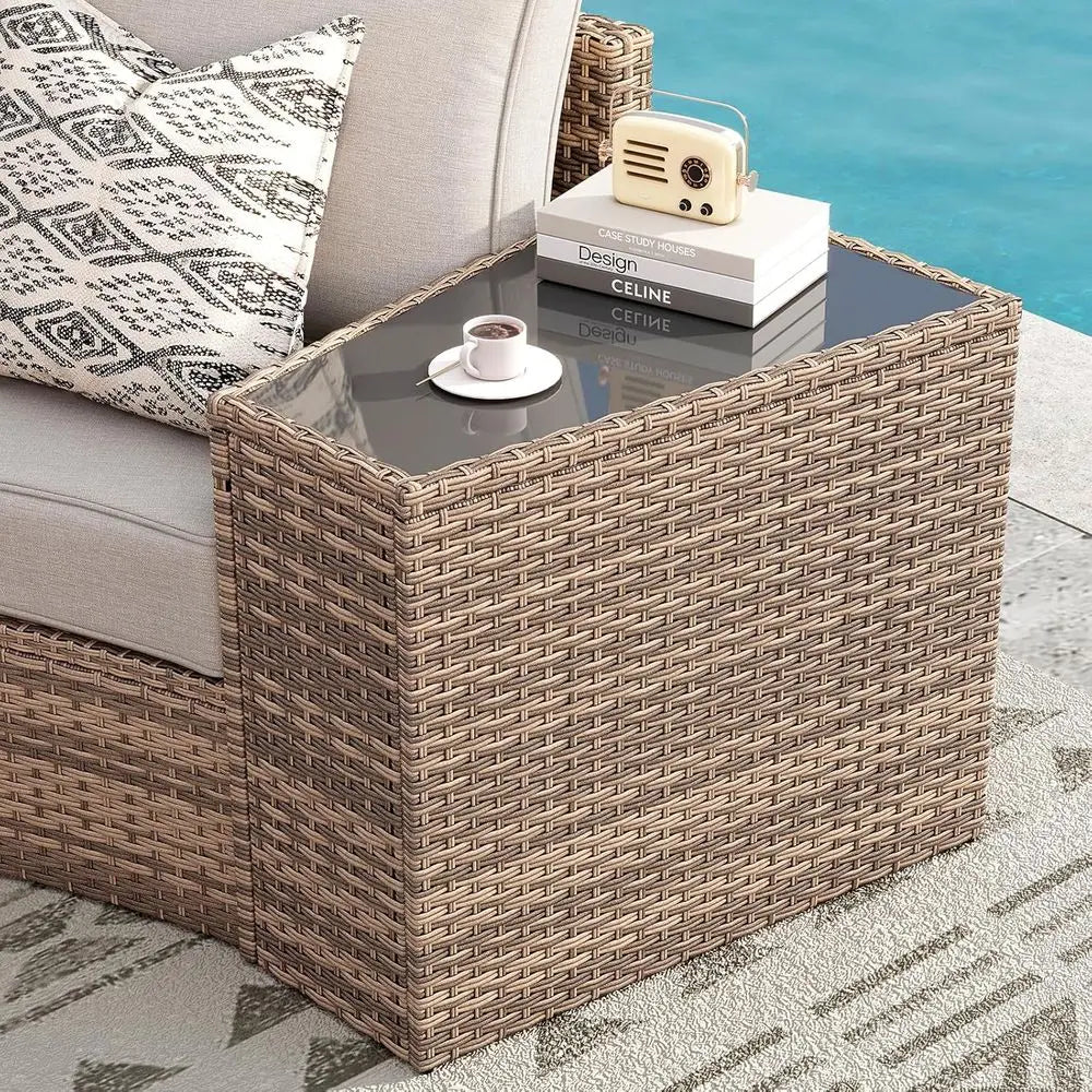 11-Piece Outdoor Wicker Sectional Sofa Set with Storage Wedge Table, Weather-Resistant for Patio, Garden, or Deck, Beige