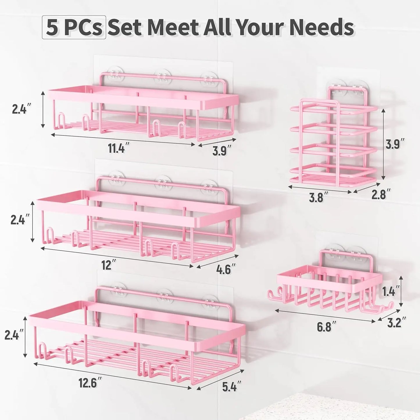 5-Pack Pink Shower Caddy Organizer, Rustproof Stainless Steel Adhesive Wall Storage for Bathroom