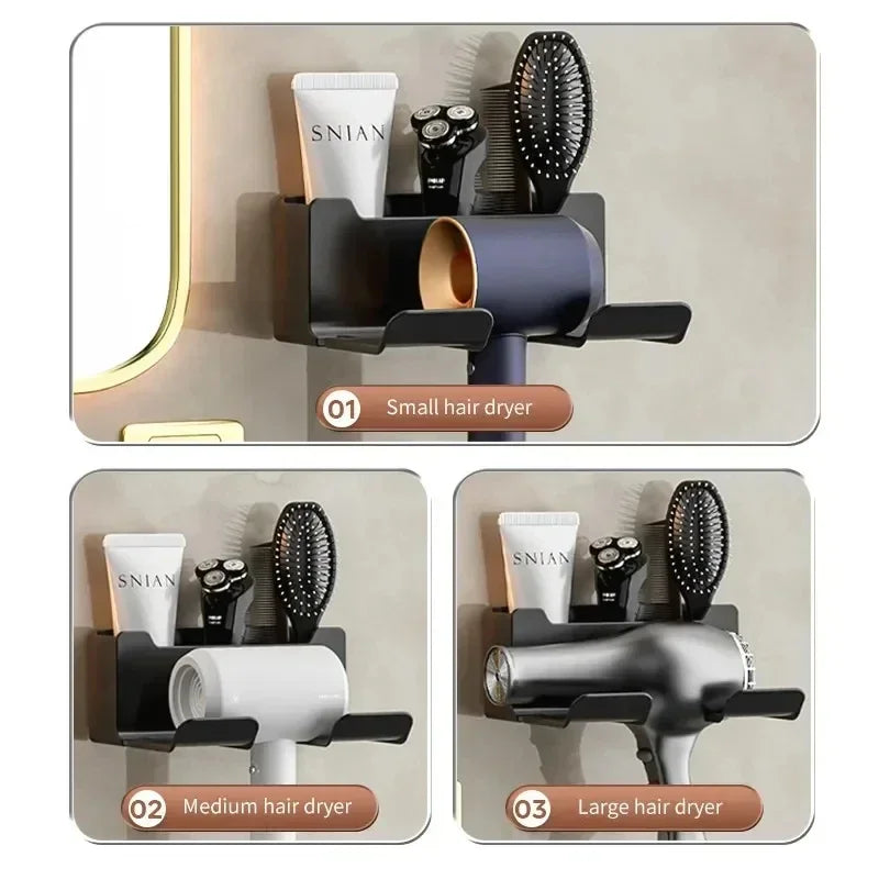 Wall-Mount Hair Dryer Holder with Suction Cup, Rustproof Bathroom Organizer for Hairdryers & Straighteners