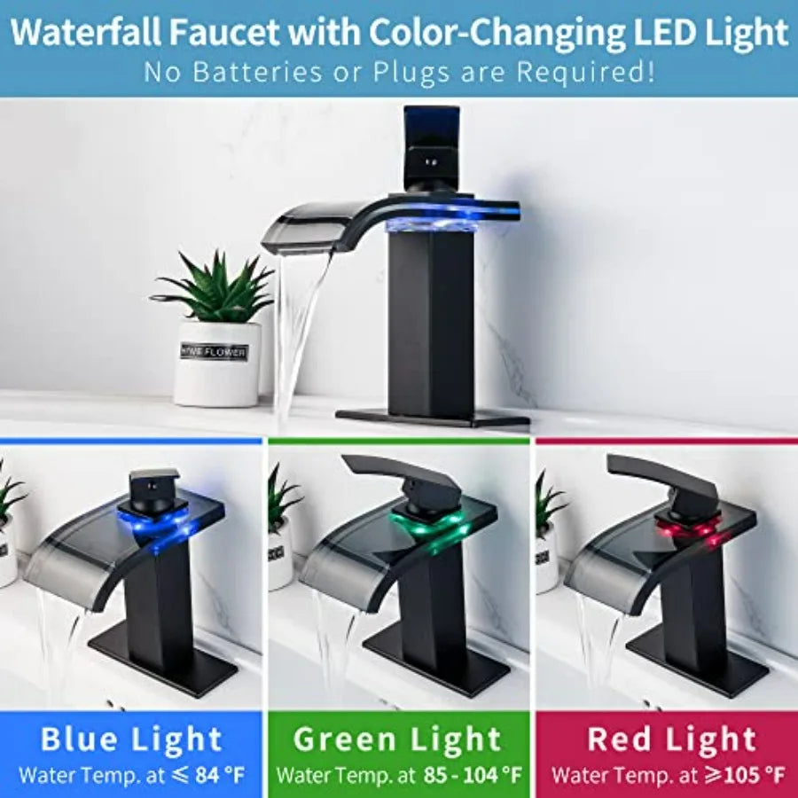 LED Bathroom Faucet for Sink Black Stainless Steel Waterfall Faucet with Built-in Light 1-Hole 4-Inch Centerset Bathroom Faucet