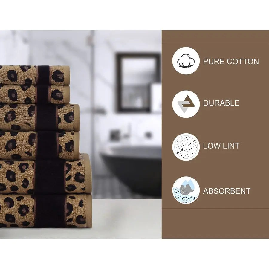 6 Piece Towel Set Animal Print Leopard Cheetah Africa Safari 100 Cotton Jacquard 2 Bath Towel, 2 Hand Towel, 2 Washcloth Soft Ab