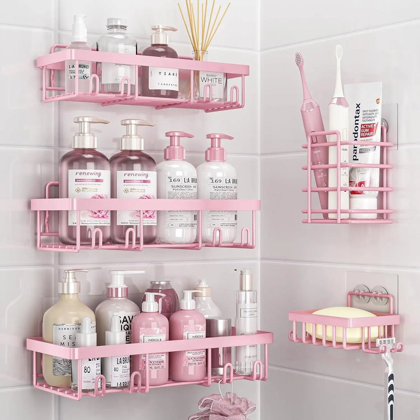 5-Pack Pink Shower Caddy Organizer, Rustproof Stainless Steel Adhesive Wall Storage for Bathroom