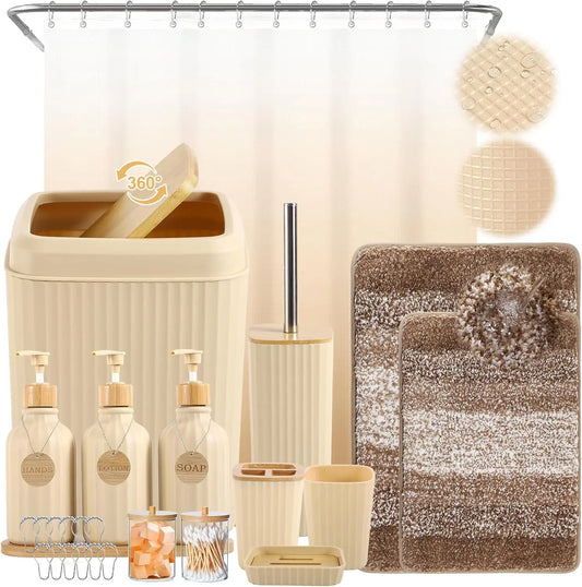 32PCS Beige Bathroom Set with Shower Curtain, Rugs & Dispensers - Modern Home Decor Accessories