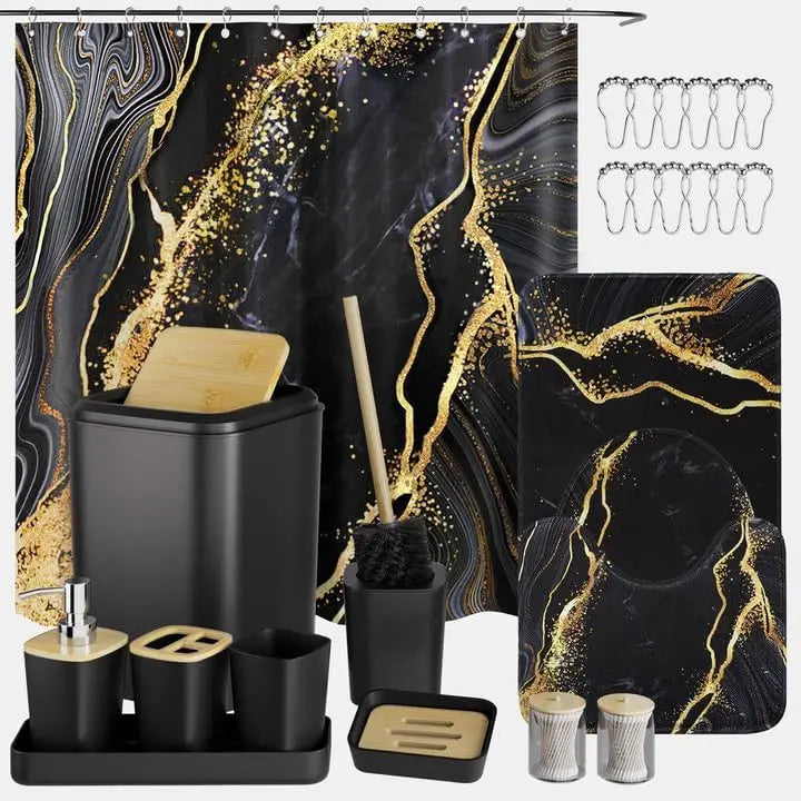 Black and Gold Waterproof Shower Curtain Set with Non-Slip Bathroom Rugs and Accessories for Modern Decor