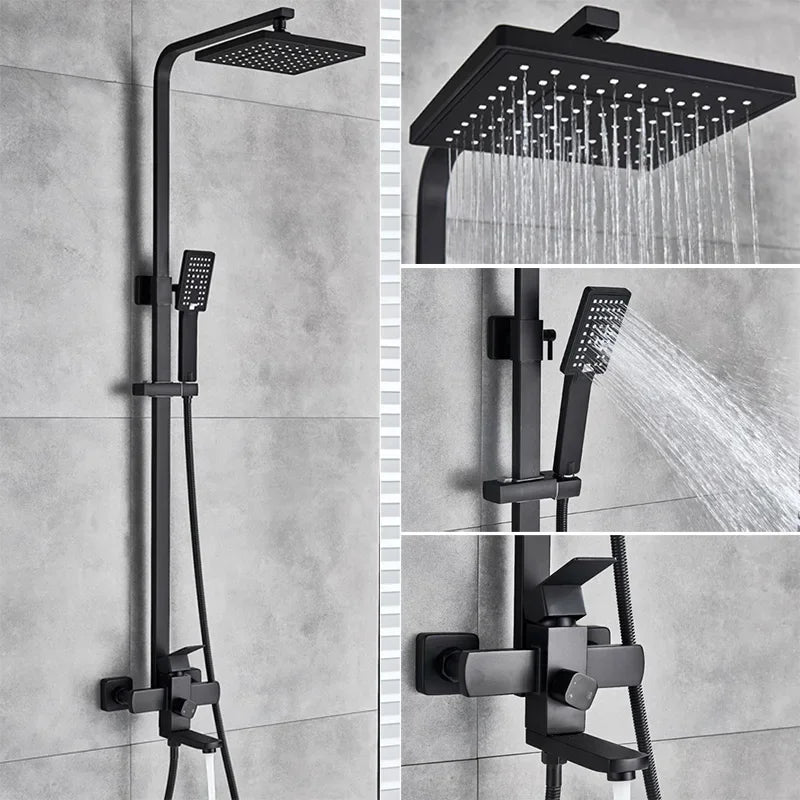 Black Luxury Bathroom Shower Faucet Wall Mounted Swivel Spout Shower Set Square Rainfall Water Tap Mixer System Hot cold Taps