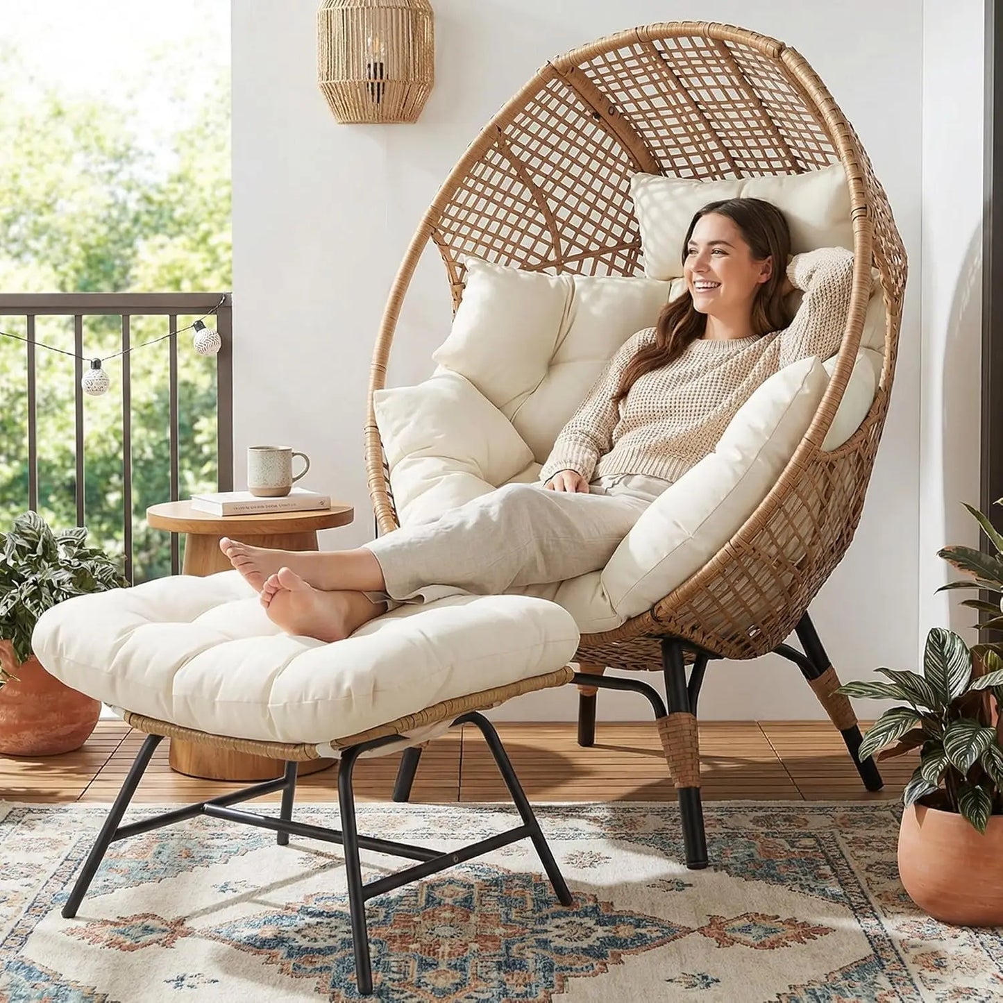 Indoor Outdoor Egg Chair with Ottoman Thick Cushioned Lounge w/Footrest 440lbs for Patio Balcony Bedroom Sunroom, Customized
